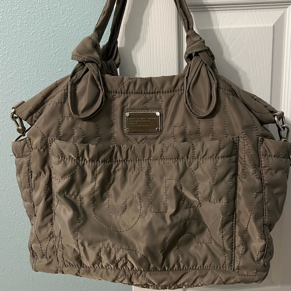 Marc Jacobs Quilted Taupe Nylon Diaper Tote Bag with shoulder strap